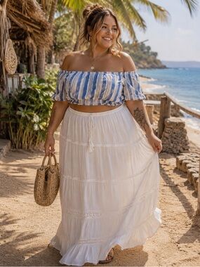 torrid Blue & White Striped Off-Shoulder Crop Top